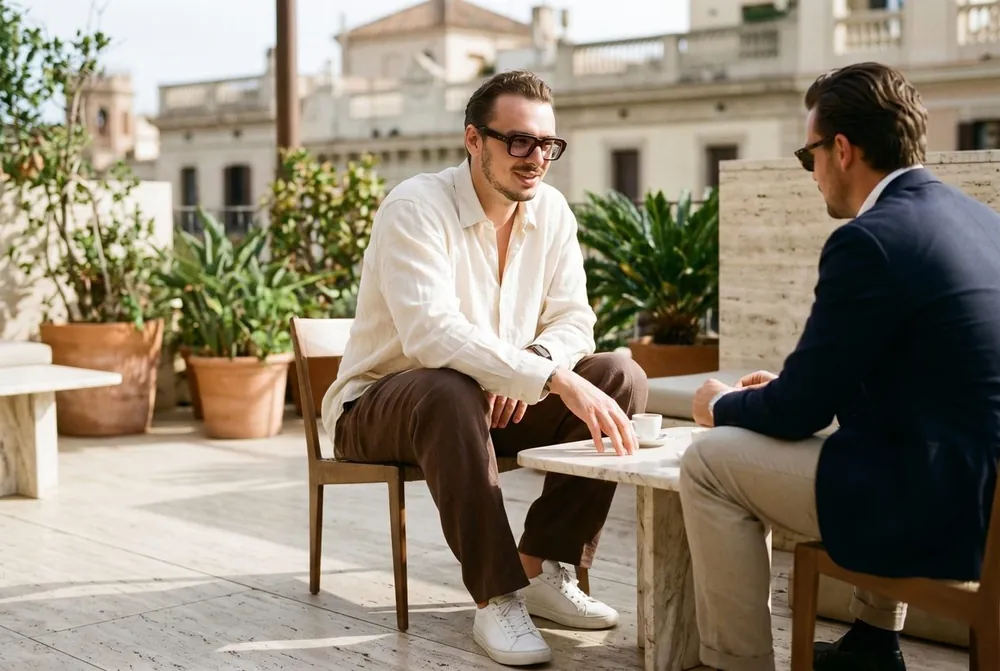 Dmytro Lobod in conversation with a founder on a Barcelona terrace